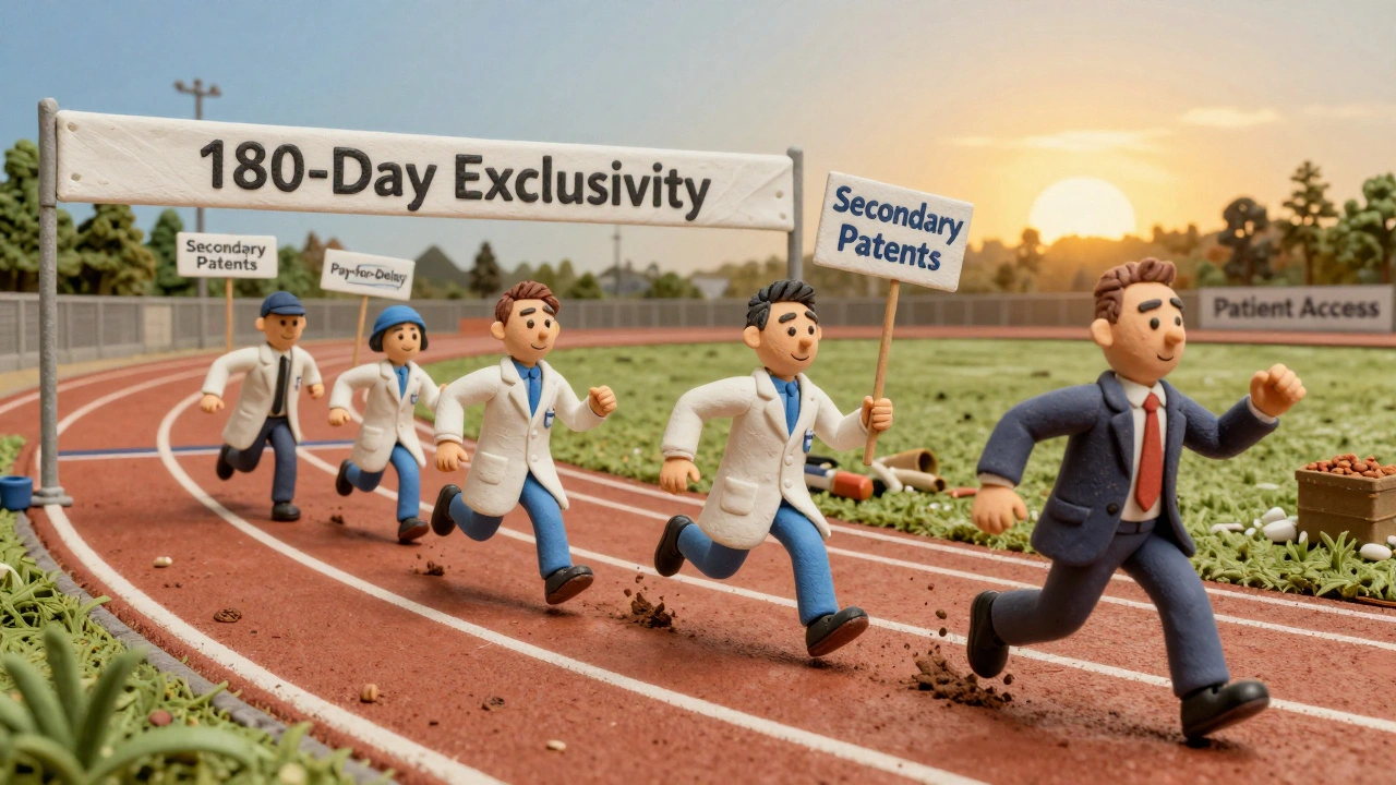 Generic drug companies racing on a track, hindered by patent obstacles thrown by a brand company.