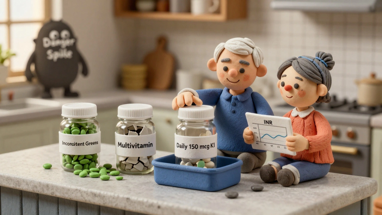 Kitchen counter with three vitamin K jars showing consistent daily dosing versus inconsistent intake.