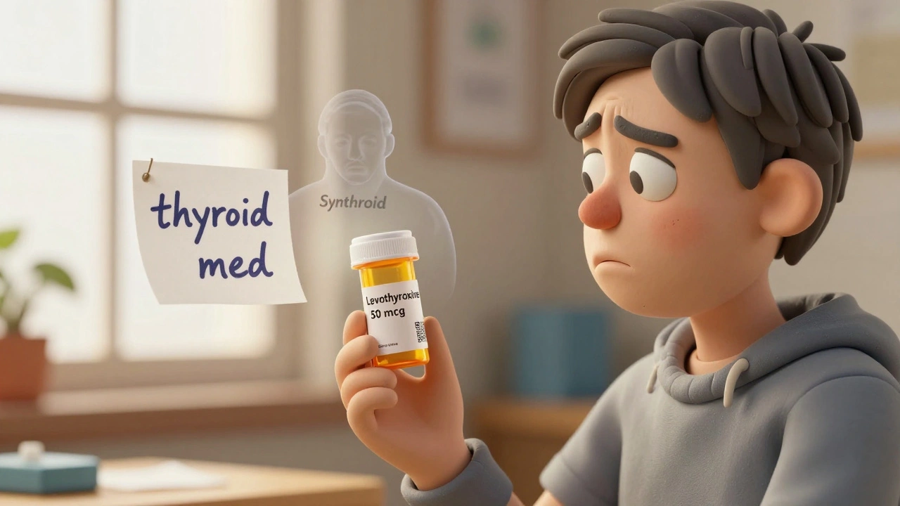 Patient holding a thyroid medication bottle, confused as a ghost image of the brand name hovers nearby with a doctor's vague note.