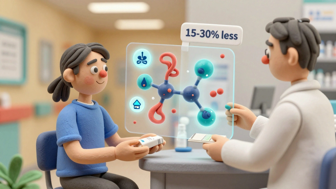 Patient receiving a prescription with transparent molecular comparison and price tag showing savings.