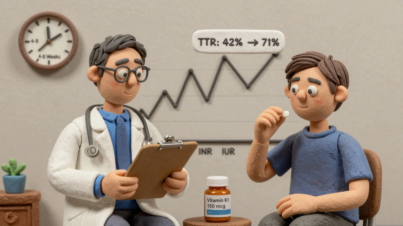 Patient taking daily vitamin K tablet while a chaotic INR graph transforms into a steady line beside them.
