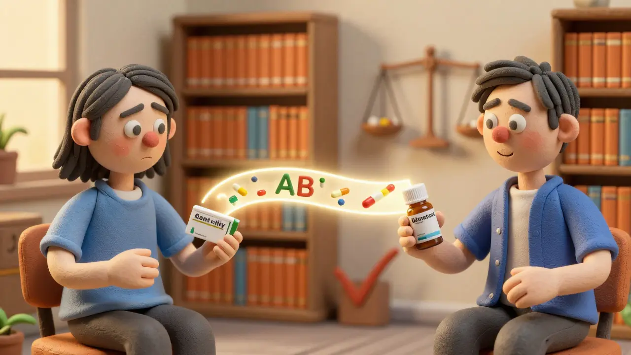 Patient transitioning from worry to relief with a path of approved generics connecting both sides.