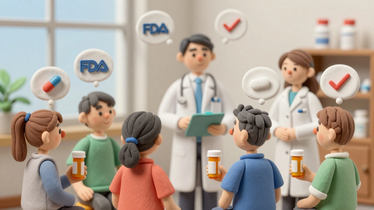 Patients holding pills with identical thought bubbles, surrounded by FDA seals in clay style.