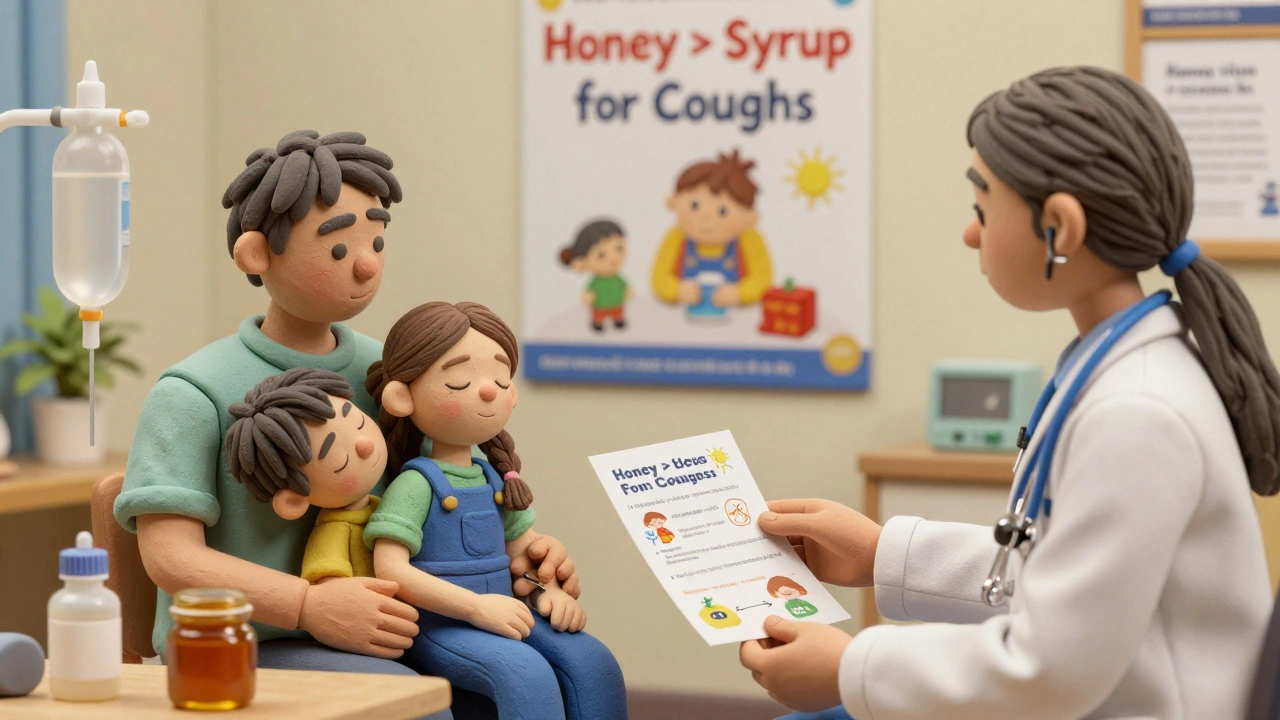 Pediatrician gives safety advice to a family, with honey and saline visible on the table.