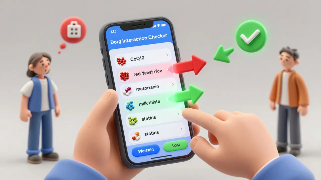 Person checking drug interactions on phone with warning arrows connecting supplements and medications