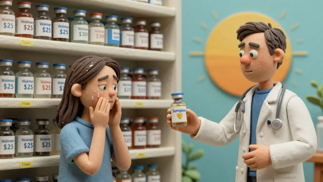 Person choosing affordable biosimilar insulin at pharmacy, contrasted with high-cost vials and nighttime hypoglycemia scene.