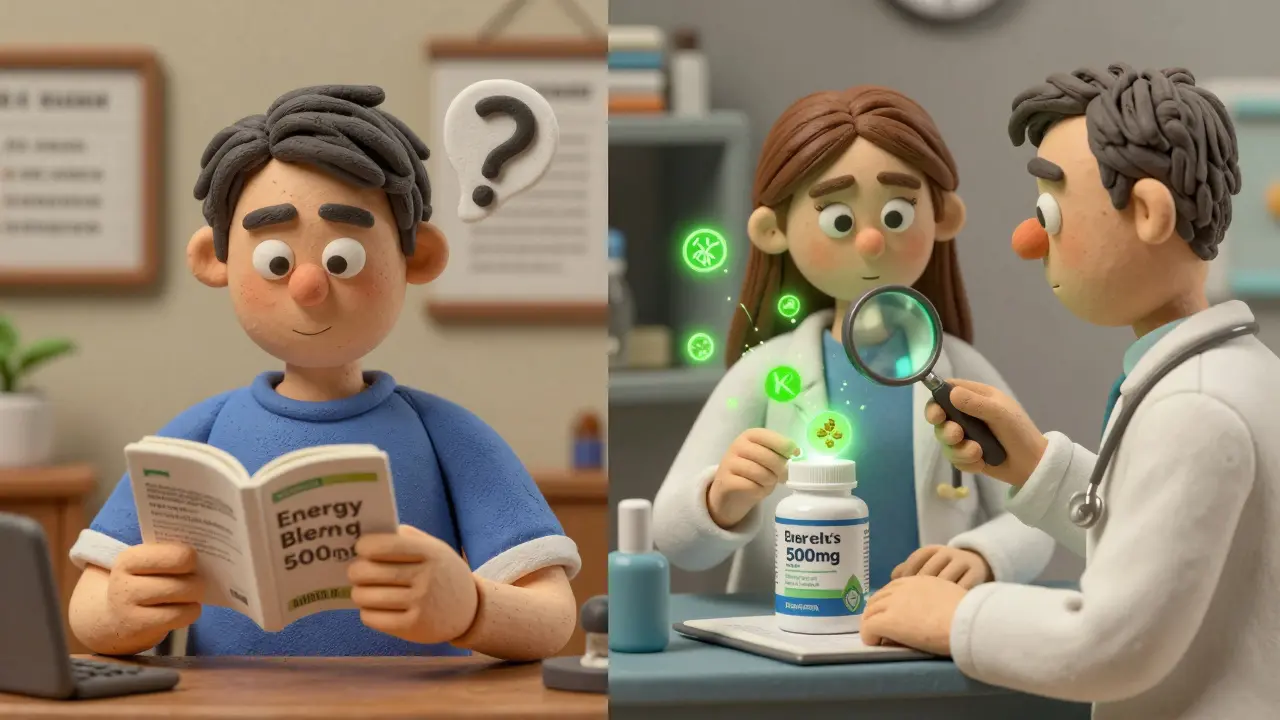 Person comparing supplement label to pharmacist revealing hidden ingredients
