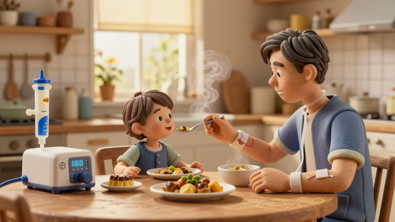 Person enjoying meal with family, PEG tube discreetly visible, warm kitchen setting.