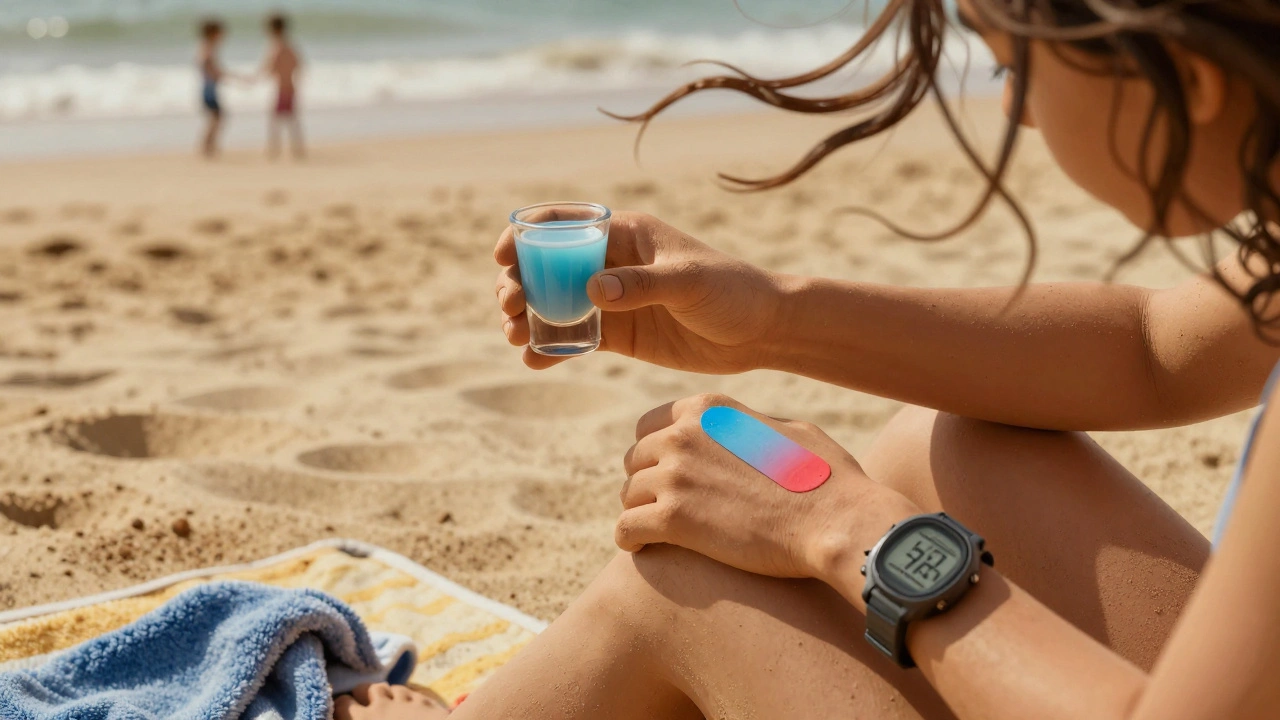 Person reapplying sunscreen at beach with UV-sticker changing color and watch showing two hours.