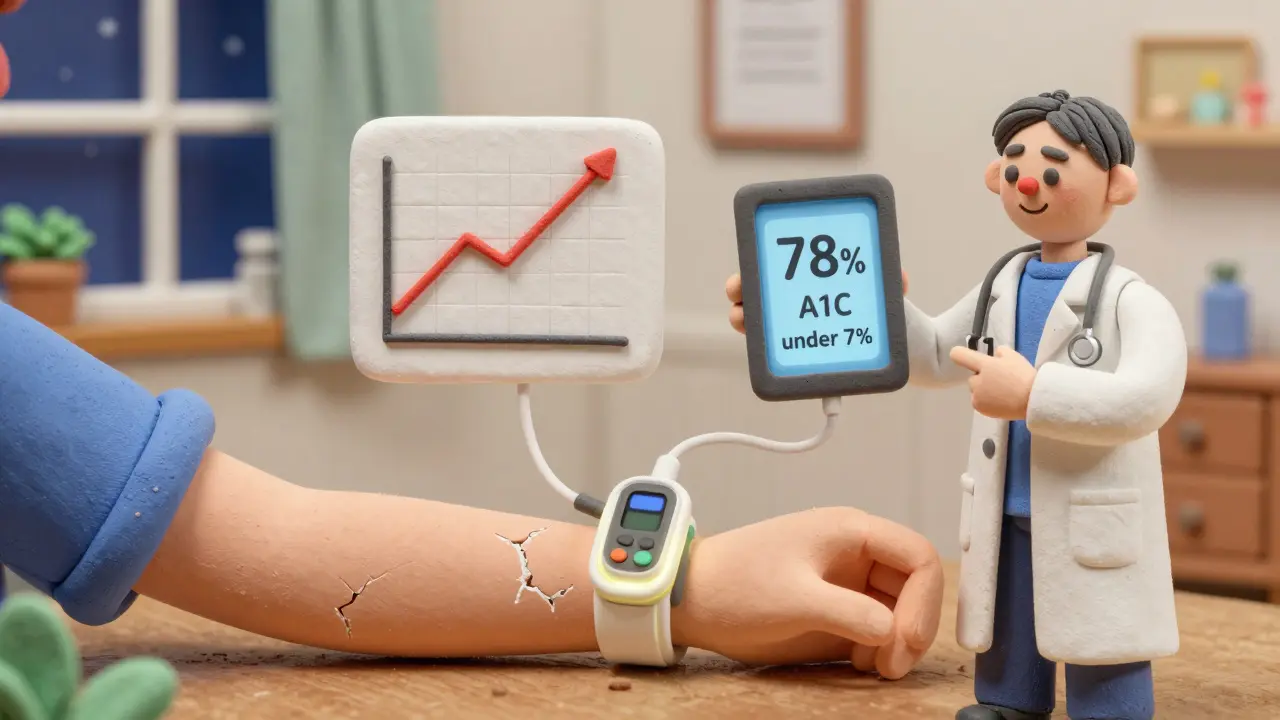 Person using insulin pump with glowing CGM, surrounded by floating blood sugar graphs in warm home setting.