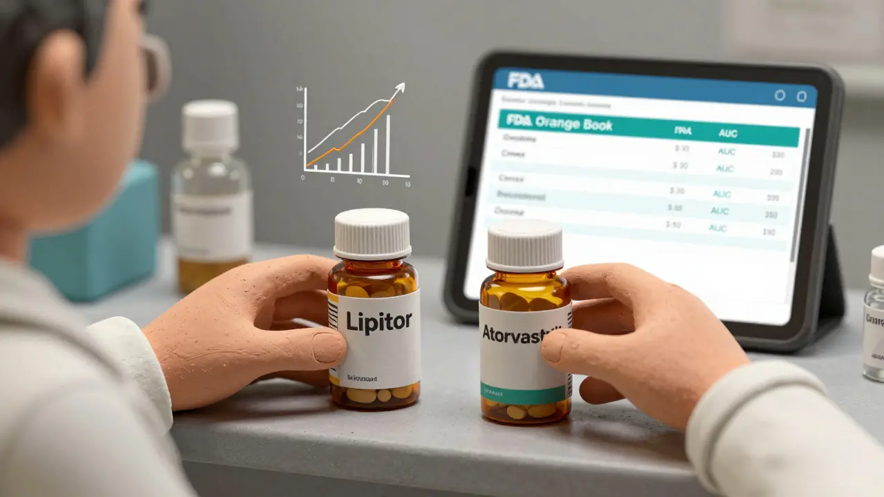 Pharmacist comparing brand and generic pills while checking bioequivalence data on a tablet.