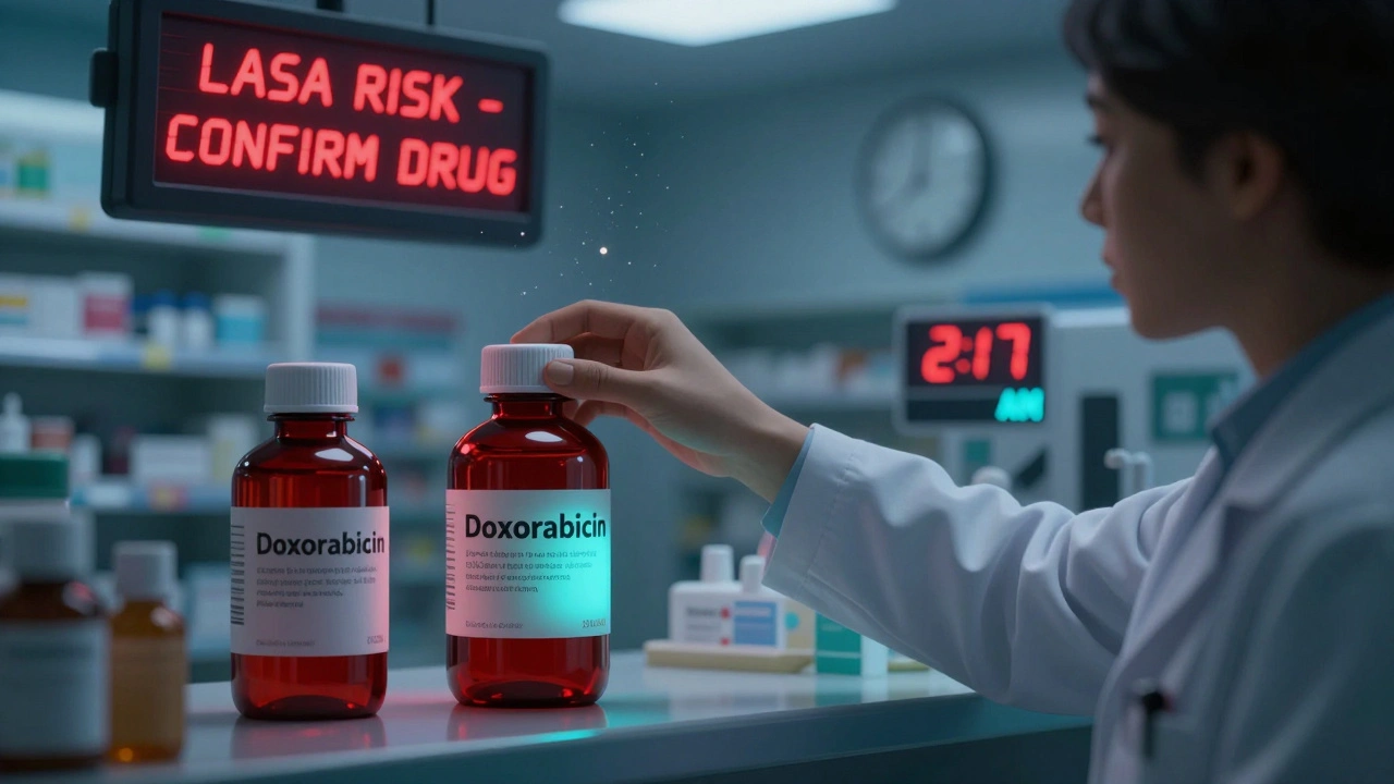 Pharmacist reaching for a chemotherapy drug bottle in a dimly lit pharmacy, with a red alert screen above showing a LASA risk warning.