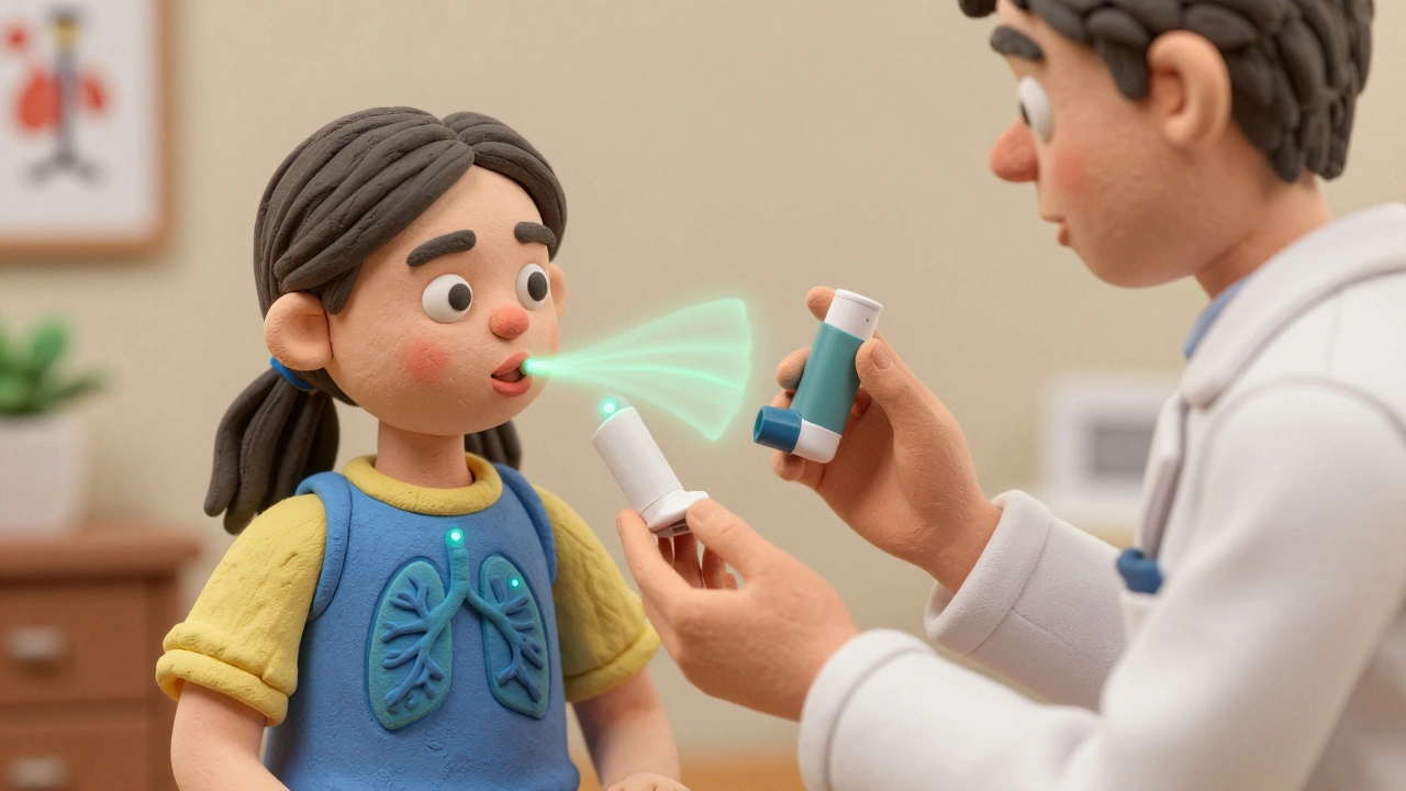 Pharmacist teaching inhaler technique with a glowing training device.