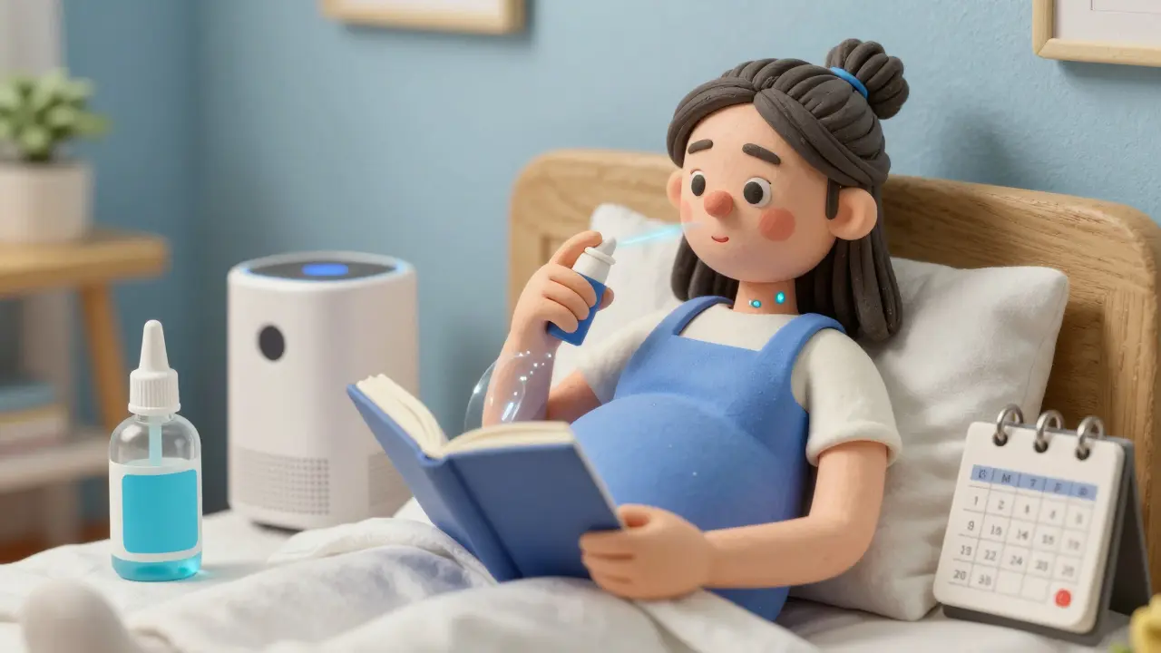 Pregnant woman using nasal spray in bed with air purifier and salt rinse nearby.