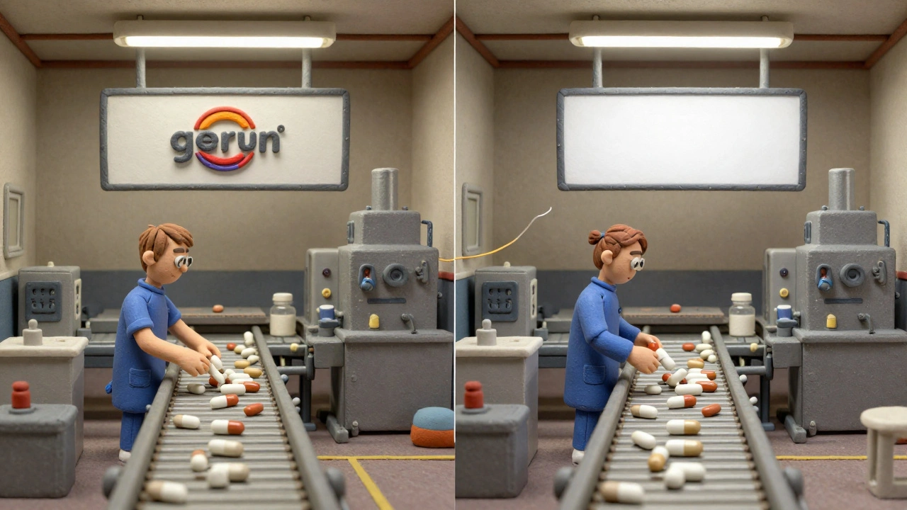 Same factory interior shown twice, one with brand label, one with plain label, making identical pills.