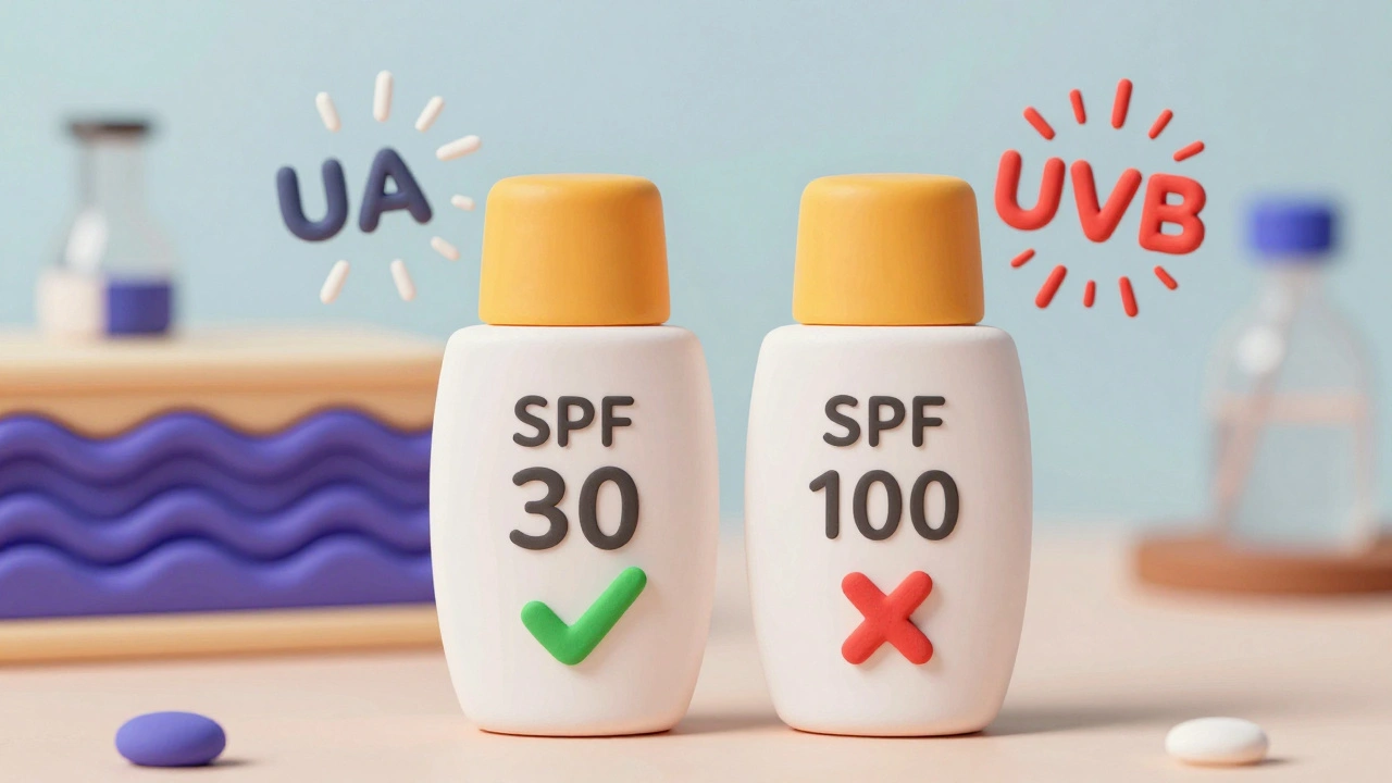 Side-by-side comparison of SPF 30 and SPF 100 sunscreens with UVA/UVB rays shown.