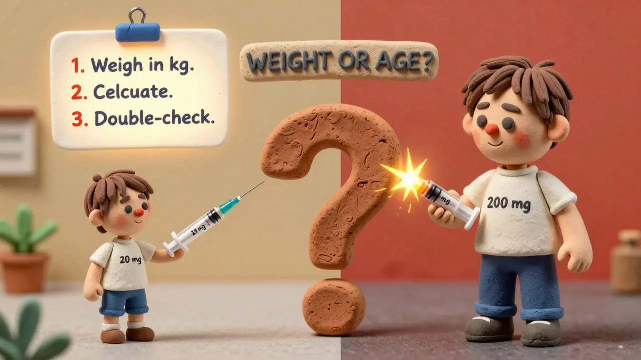 Split image: correct vs. dangerous pediatric dose, with a 'WEIGHT OR AGE?' question in clay blocks.