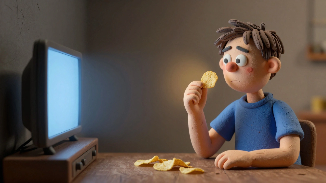 Split image: one side shows emotional eating in front of a TV, the other shows mindful eating with calm light and focus.