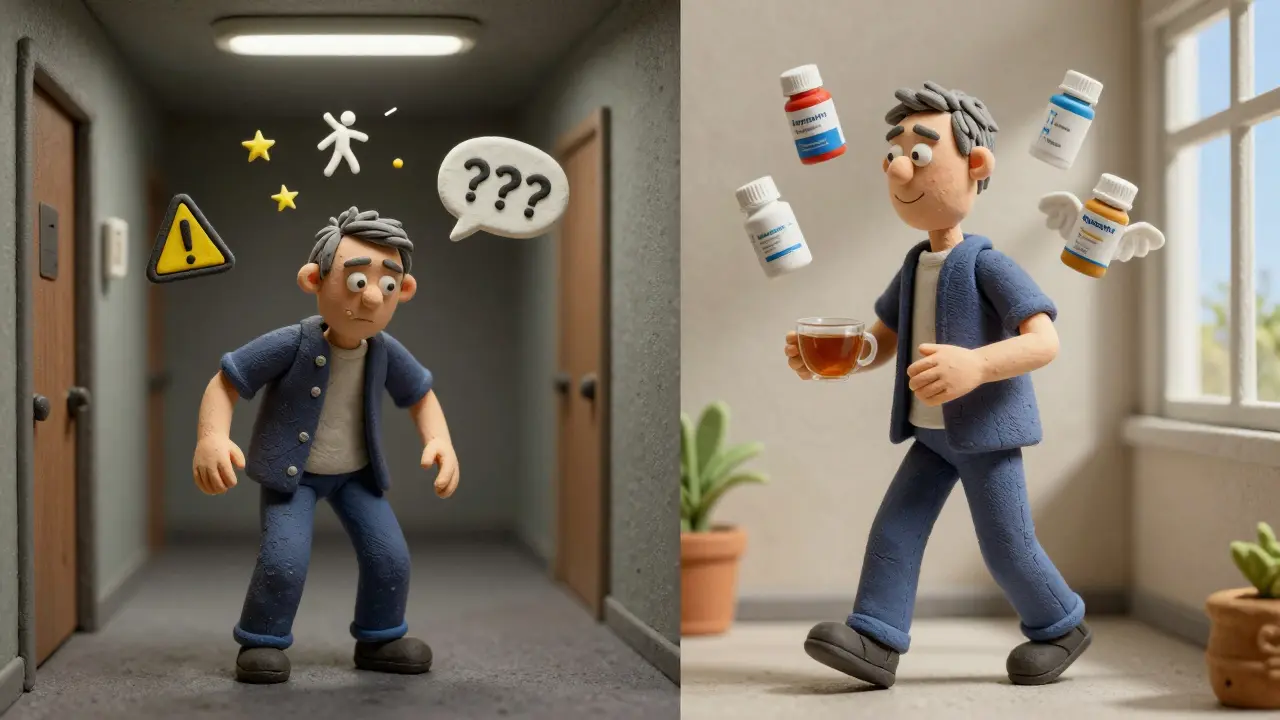 Split scene: elderly man stumbling with danger symbols vs. walking safely with sleep aids glowing behind him.