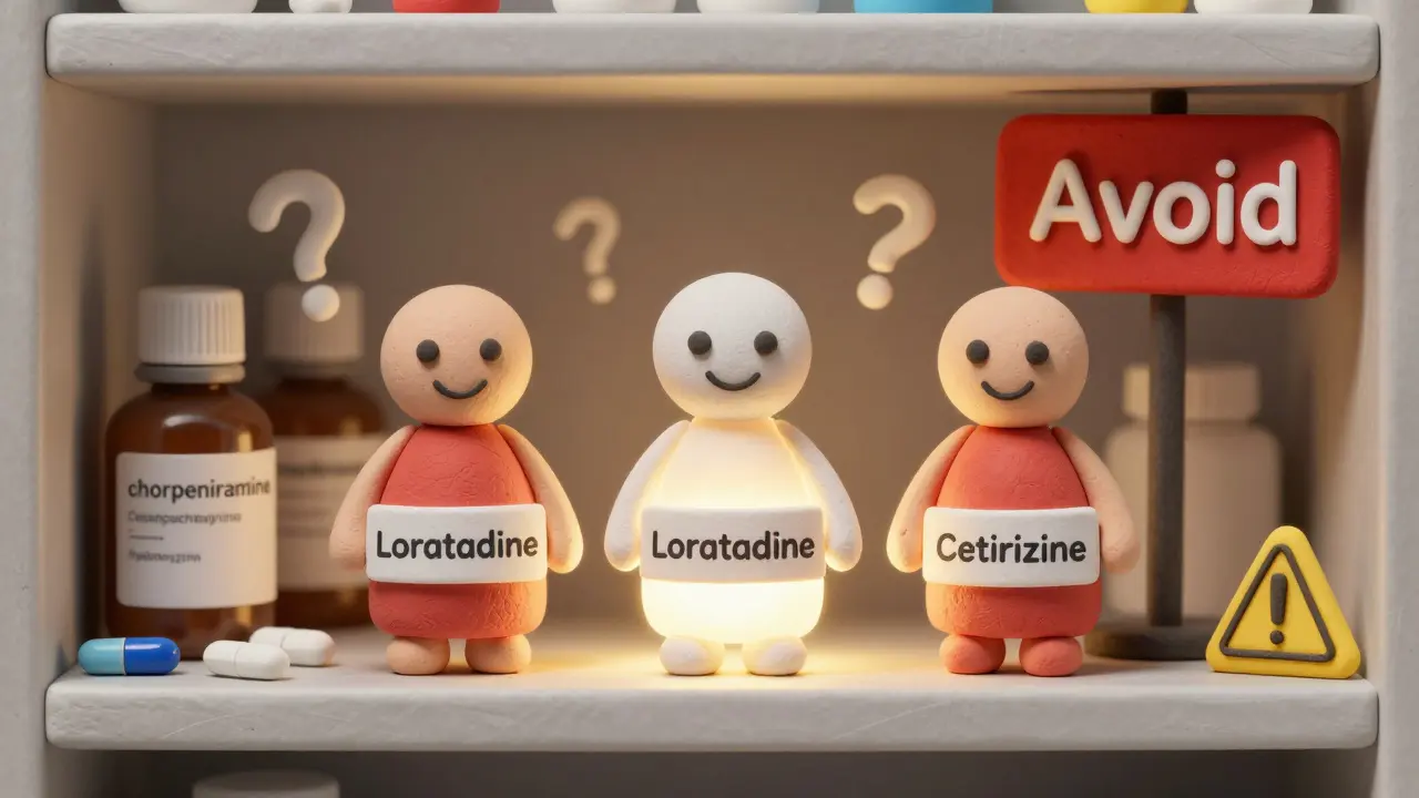 Three safe antihistamine bottles glowing on a shelf while others are hidden behind a red avoid sign.