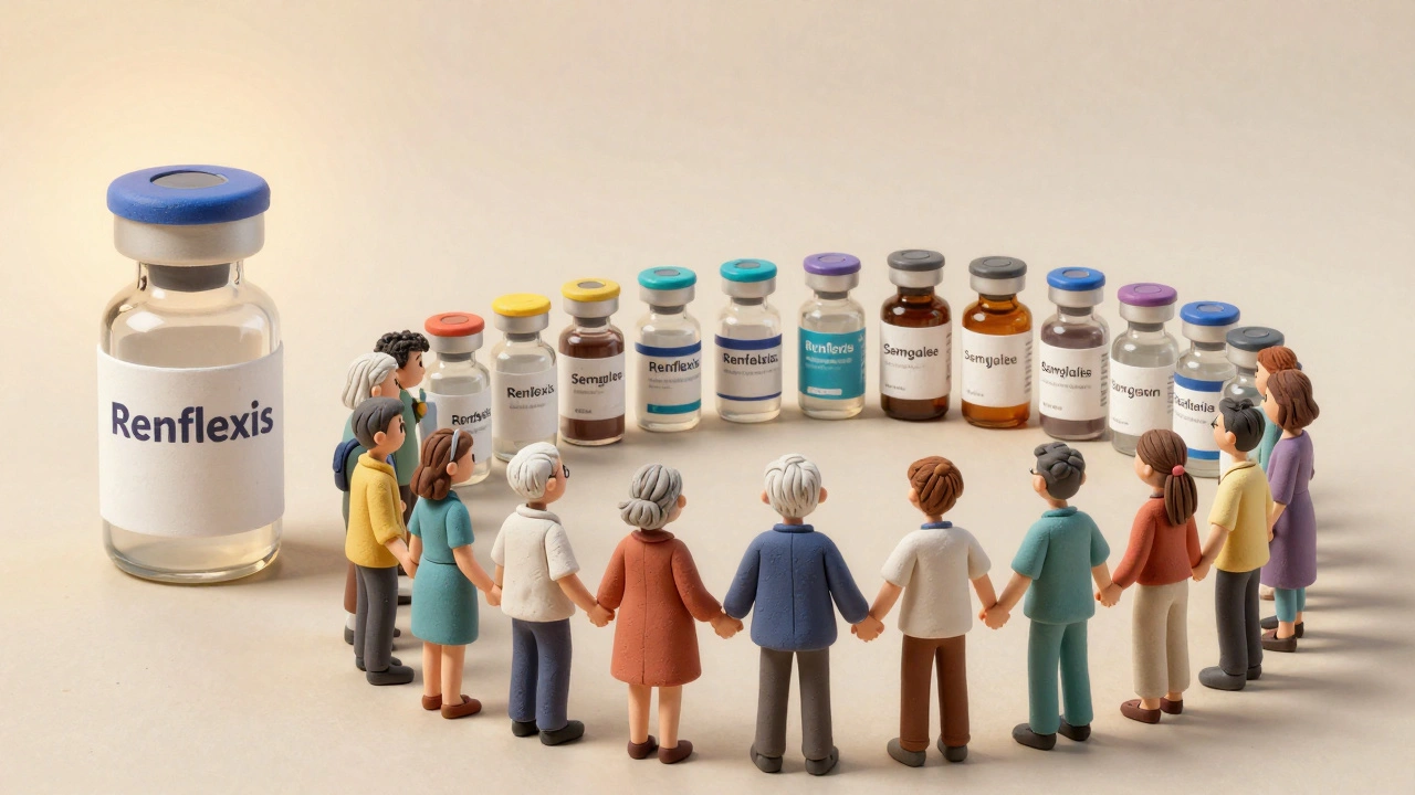 Timeline of biosimilar vials surrounded by diverse patients, symbolizing wider access to treatment.