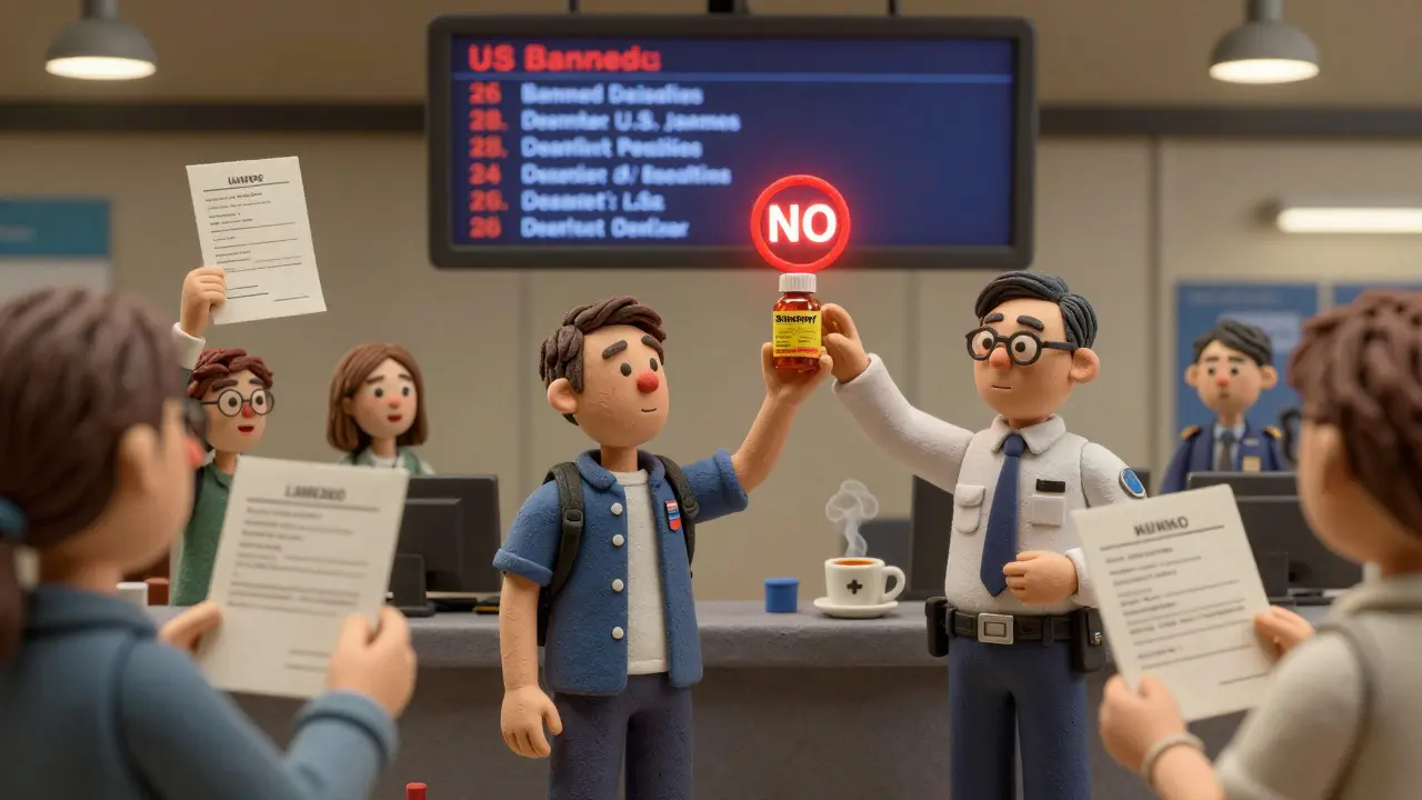 Traveler at customs in Japan, officer holding Benadryl with red ban symbol, others holding doctor's letters, digital list of banned meds visible.
