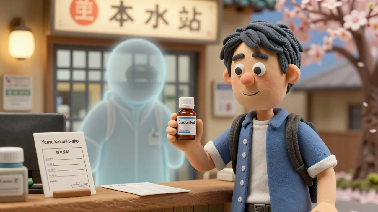 Traveler buying safe alternative medication in Tokyo pharmacy, doctor's letter and import certificate on counter, jail cell fading behind.