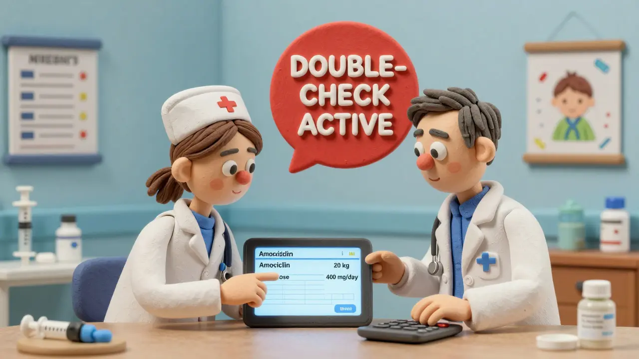 Two healthcare providers verifying a pediatric medication dose together using a tablet.