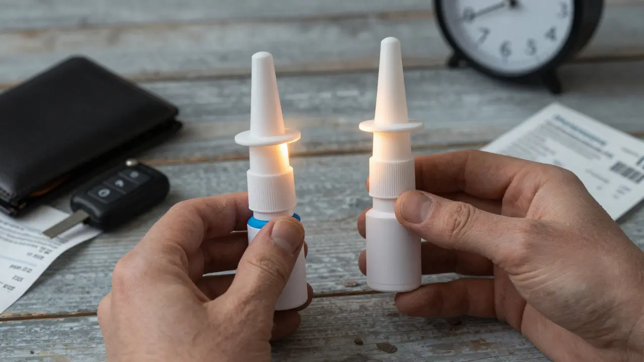 Two naloxone nasal sprays beside a wallet and keys on a wooden table, one already used.