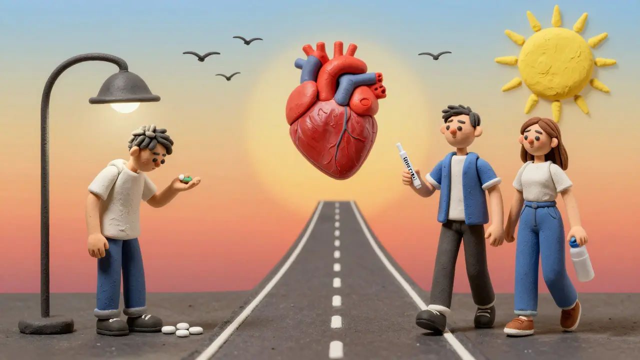 Two paths showing the difference between old and new diabetes care, one lonely, one supported, leading to a healthy heart.