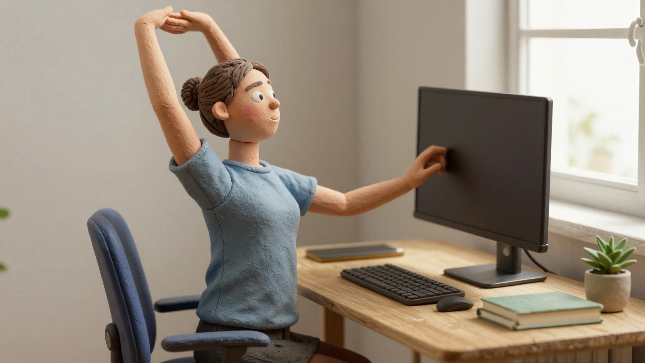 Worker standing at a sit-stand desk, stretching during a microbreak with adjusted monitor and keyboard.