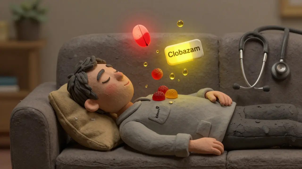 A dazed person surrounded by cannabis products and prescription pills, showing drug interaction effects.