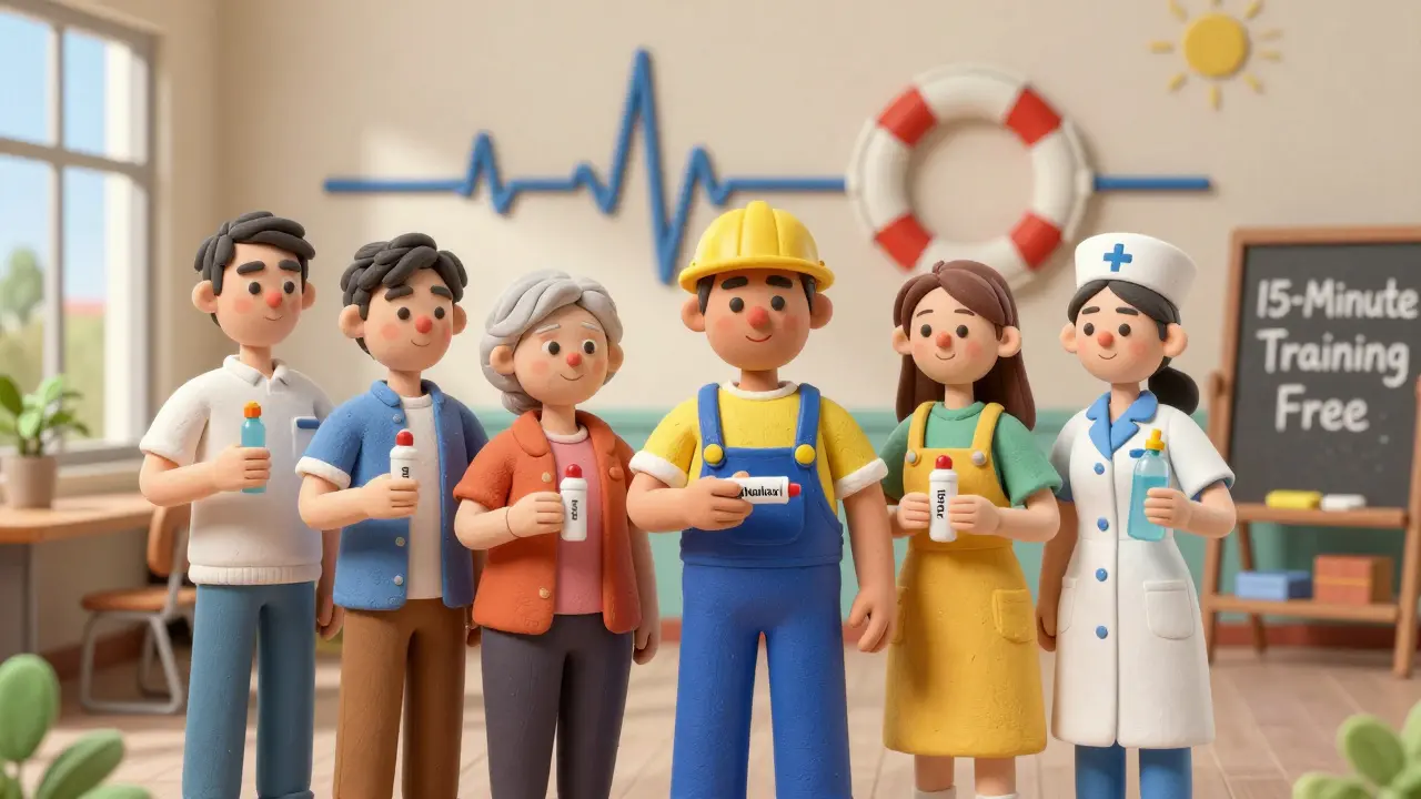 A diverse group of people holding naloxone kits in a community center, practicing with a water bottle under a lifeline mural.