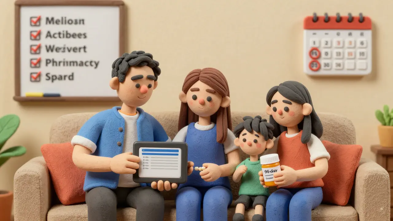 A family on a couch with a 90-day pill container and a calendar showing three months circled.