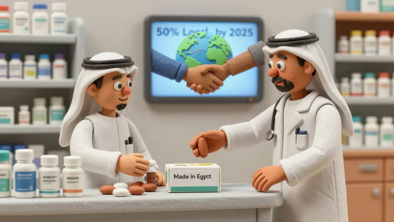 A Middle Eastern pharmacy shelf with local generic pills, a health worker labeling boxes, and a globe of APIs in the background.