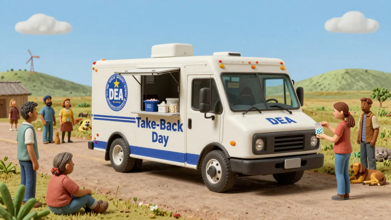 A mobile DEA collection truck serves a rural community with limited access to drug disposal sites.