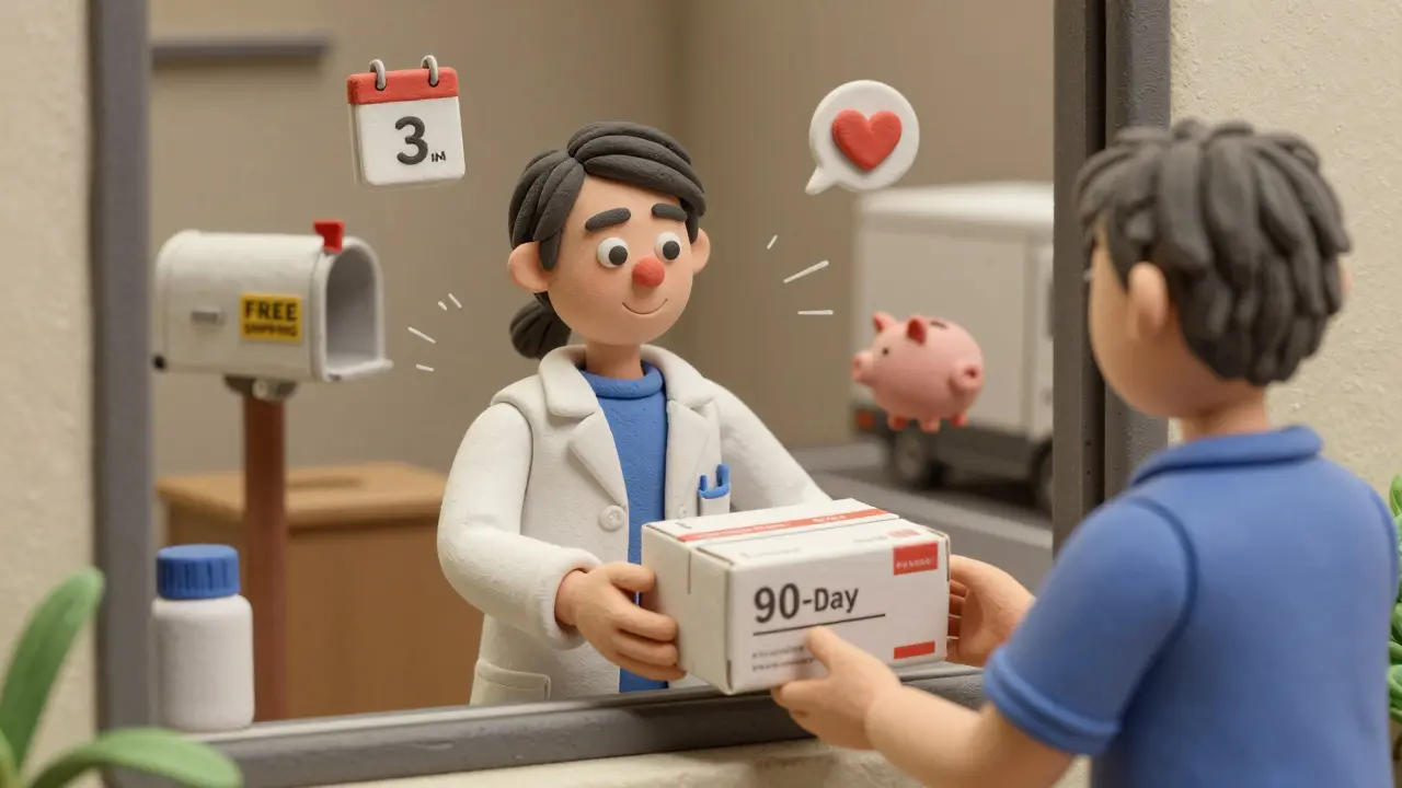 A pharmacist handing a 90-day prescription box through a mail-order window with a mailbox nearby.