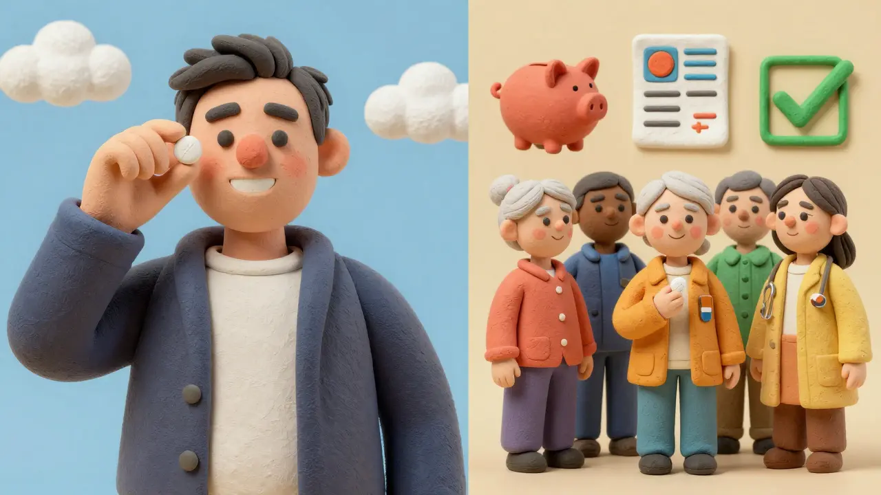 A split scene: one side shows a branded pill under sunlight, the other shows diverse people taking the generic with symbols of savings.