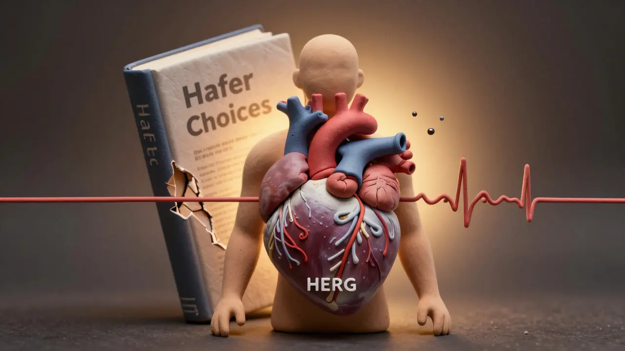 A split silhouette showing a healthy heart versus one with blocked potassium channels and dangerous arrhythmia.