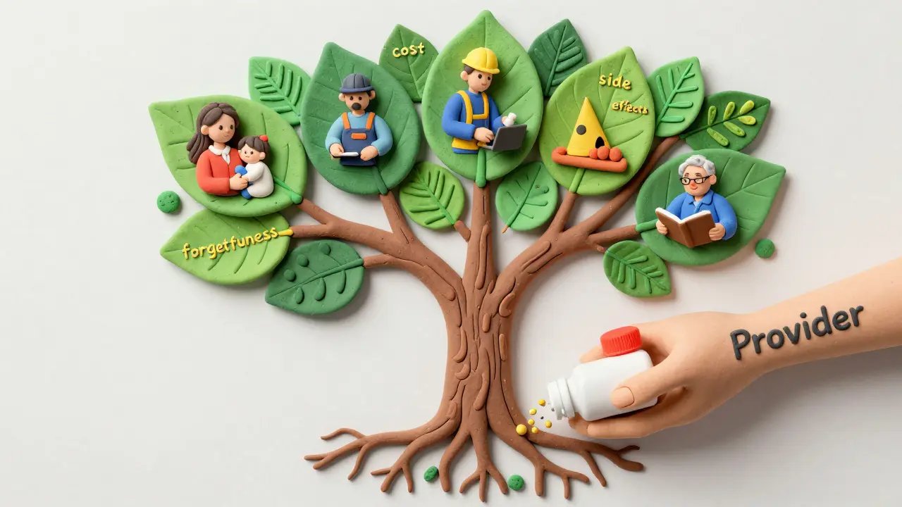 A tree with medication bottle roots and life-scene branches, being watered by a provider's hand.