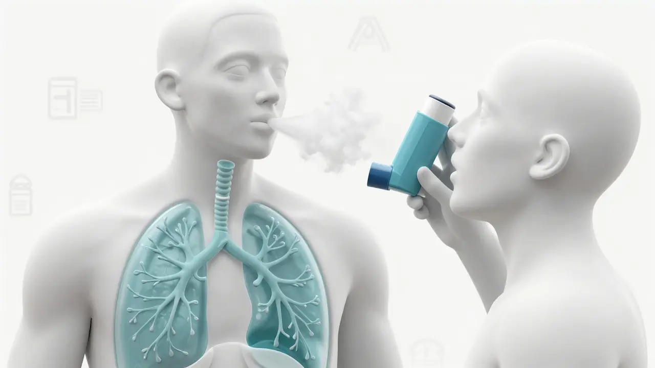 An adult correctly using an inhaler with a spacer, showing medicine reaching the lungs.
