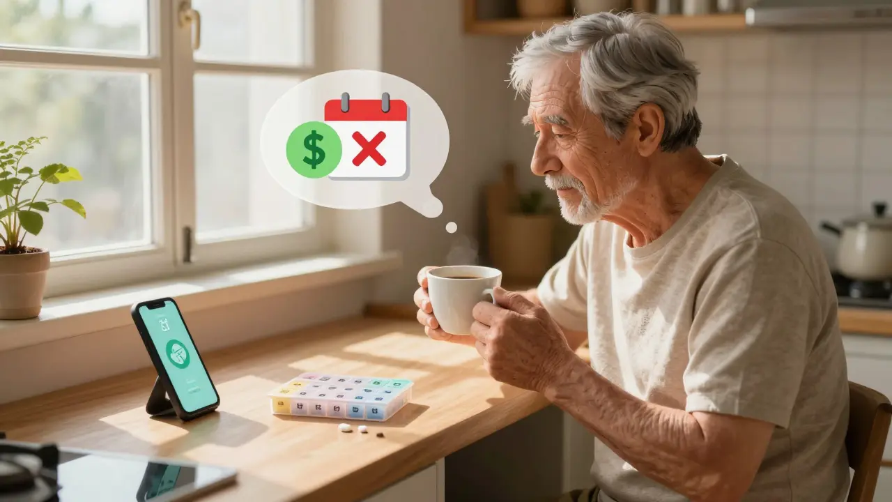 An elderly man in his kitchen with coffee and a pill organizer, a reminder notification glowing on his phone.