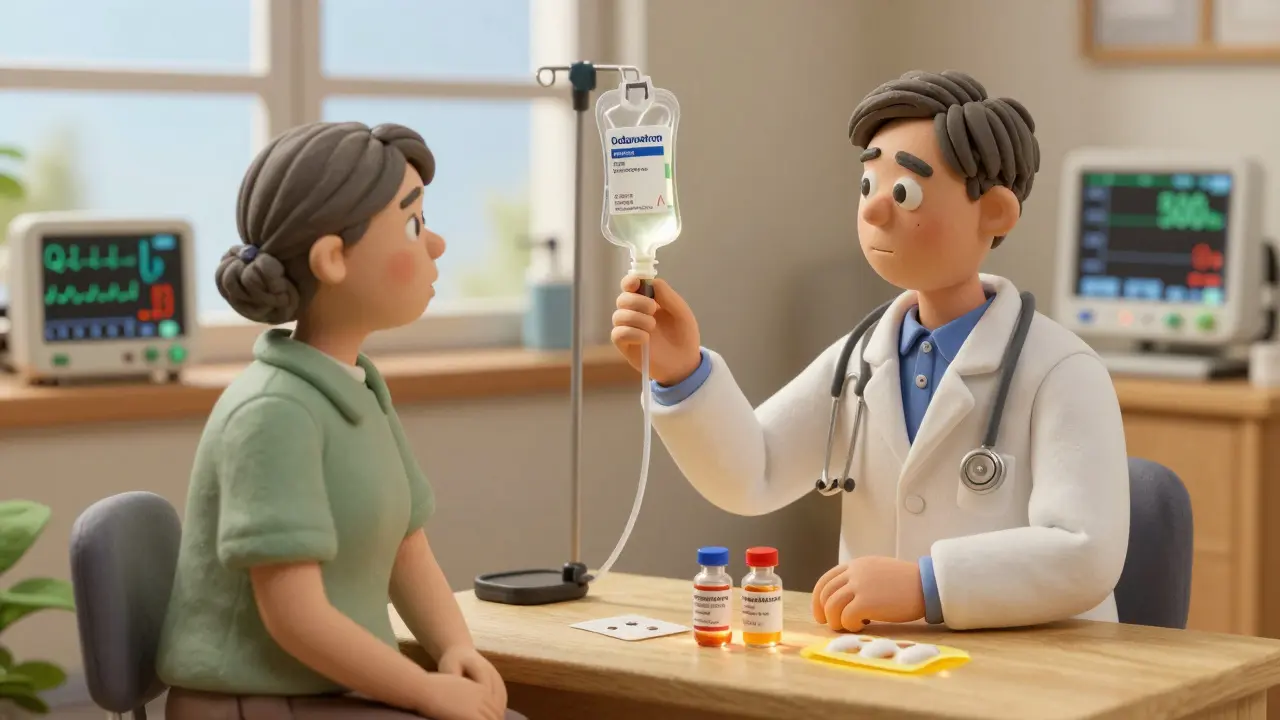 An elderly patient and doctor beside an IV bag of ondansetron, with a high QTc reading and safer alternatives on the table.