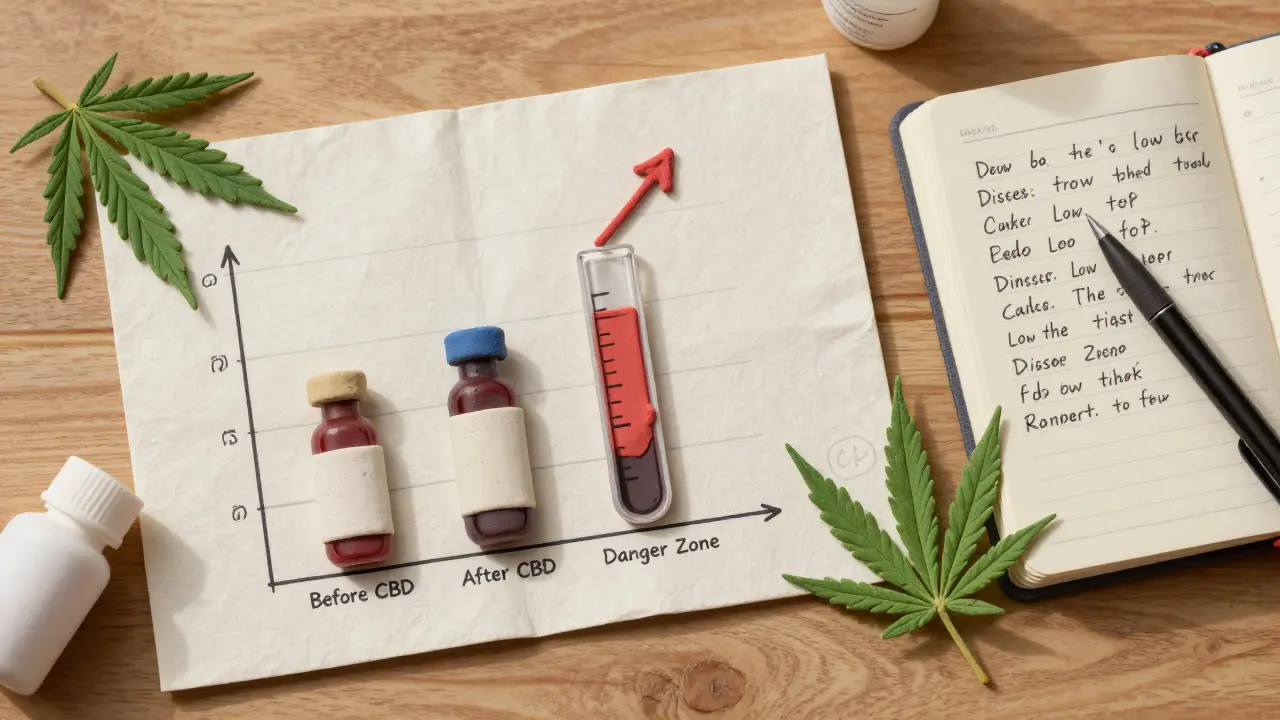 Blood test vials showing rising drug levels after CBD use, with a journal documenting symptoms.