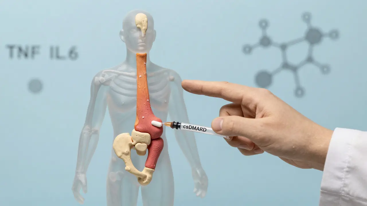 Clay model of a joint being treated by two medication streams symbolizing combined RA therapy.