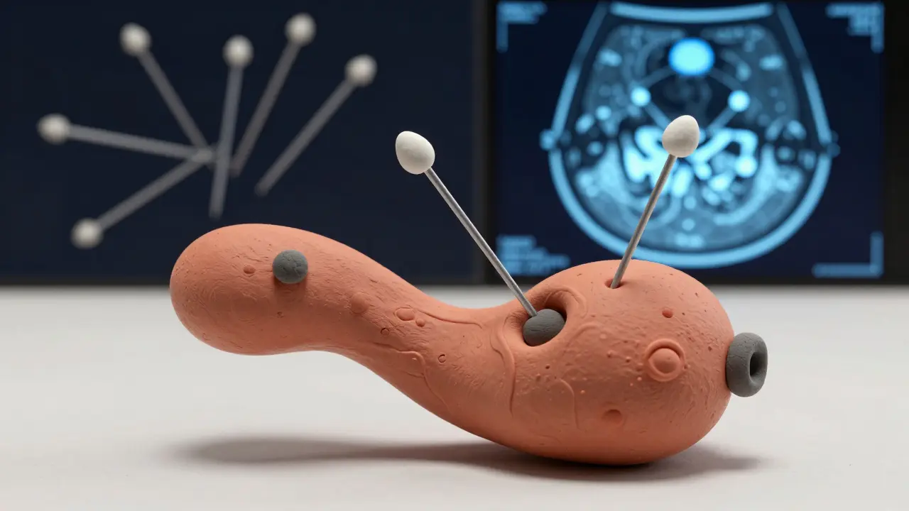 Clay prostate being biopsied with one needle missing cancer, another guided by MRI targeting it accurately.