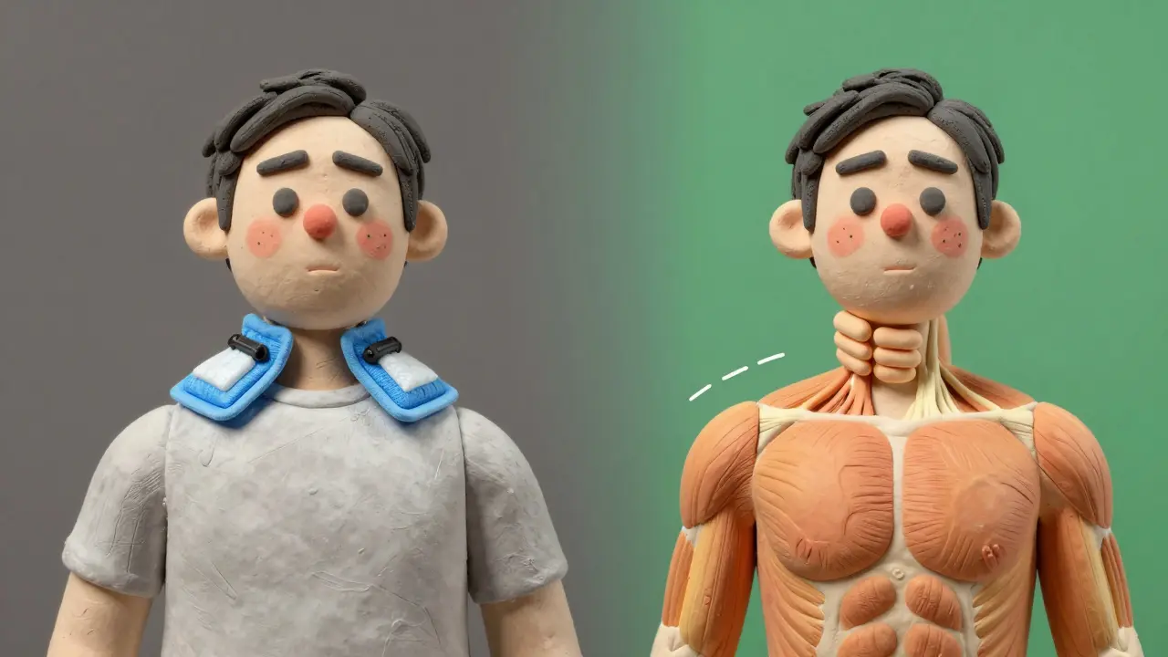 Clay-style comparison of neck pain recovery: resting with ice vs. doing gentle exercises.