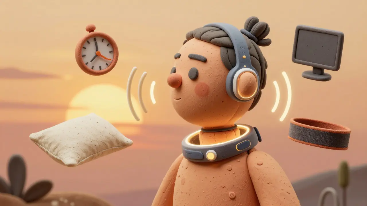 Clay-style depiction of a NeckSense™ sensor correcting posture with supportive wellness icons.