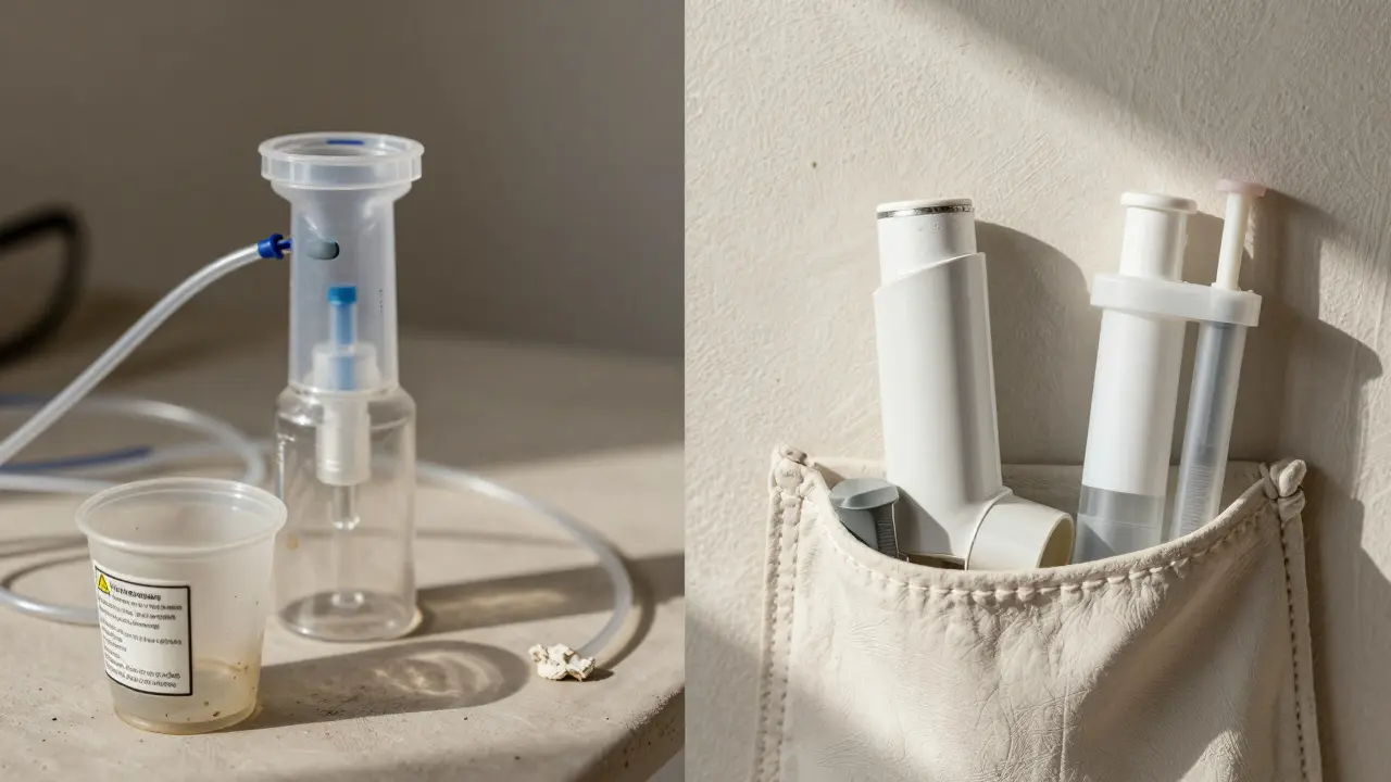 Contrasting messy nebulizer setup with clean inhaler and spacer, symbolizing better asthma care.