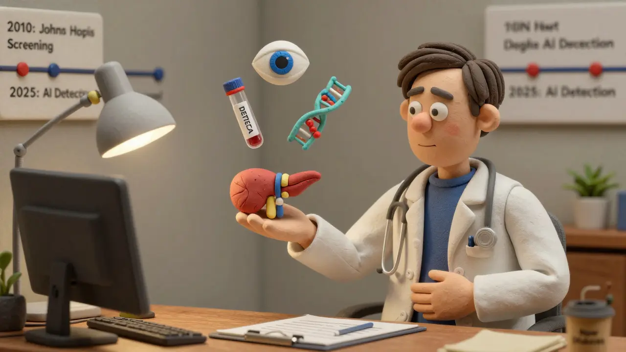 Doctor and patient reviewing medical icons including blood test, AI, and DNA strand, symbolizing early detection advances.